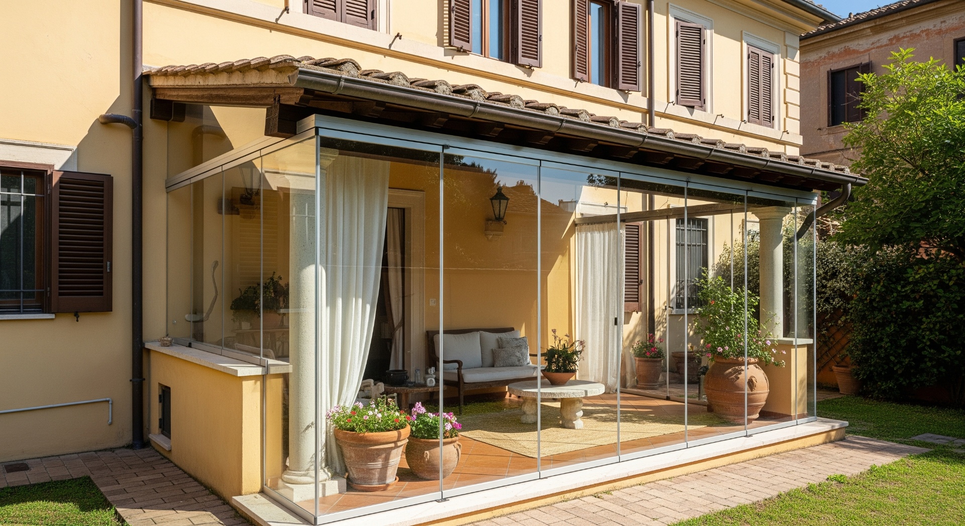 Portico trasformato in spazio vivibile tutto l'anno