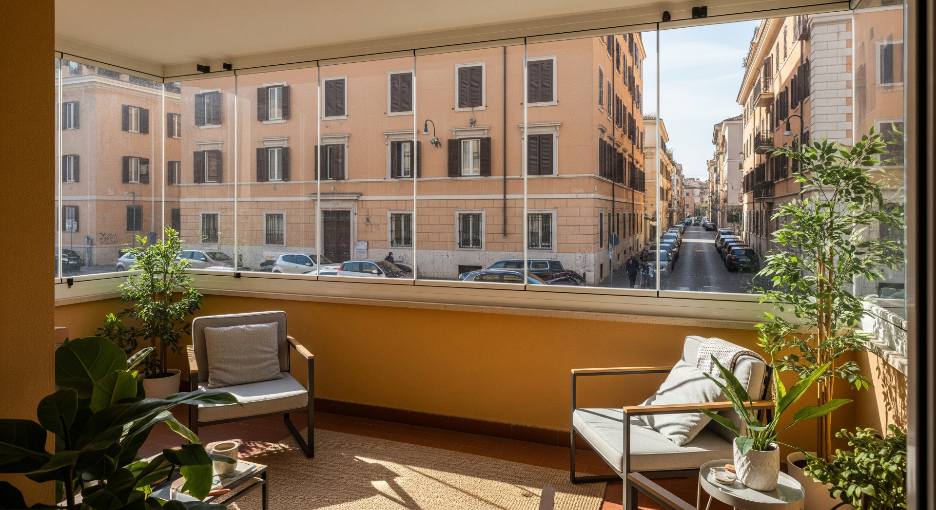 Terrazzo con vetrate scorrevoli — luce piena tutto l'anno